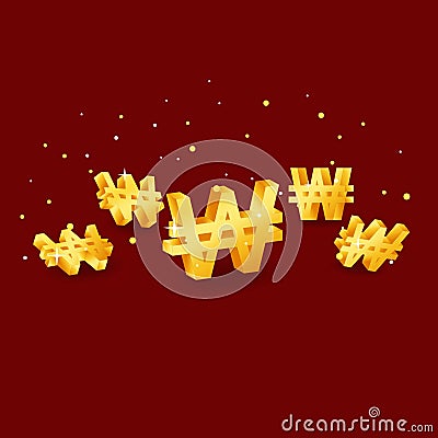 Korean Won Currency Sign Gold Color Shiny Difference angle Vector Illustration