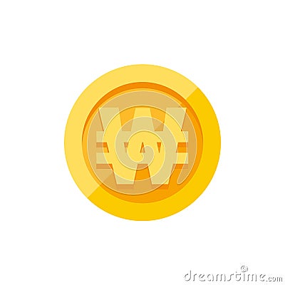 Korean won currency symbol on gold coin flat style Vector Illustration