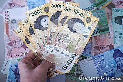 Korean won notes for money concept background Stock Photo
