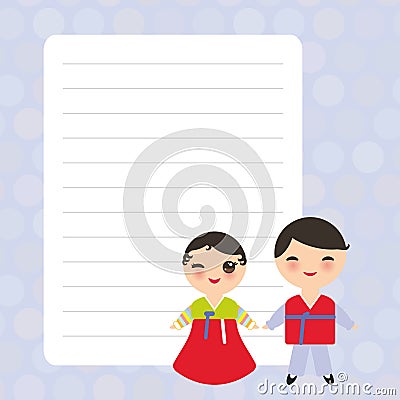 Koreans boy and girl in national costume and hat. Cartoon children Card design with Kawaii with lilac pastel colors polka dot Vector Illustration