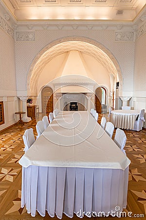 Koreiz, Crimea - July 7. 2019. White dining room in Princes Yusupov Palace Editorial Stock Photo