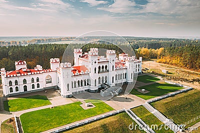 Kosava, Belarus. Aerial Bird`s-eye View Of Famous Popular Historic Landmark Kosava Castle. Puslowski Palace Castle Stock Photo