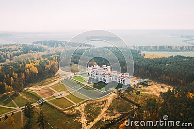 Kosava, Belarus. Aerial Bird`s-eye View Of Famous Popular Historic Landmark Kosava Castle. Puslowski Palace Castle Stock Photo