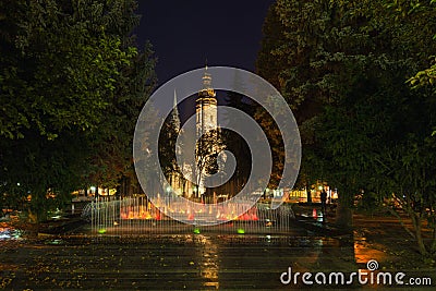 Kosice, Slovakia. Evening View At The Singing Fountains Spievajuca Fontana And Saint Elisabeth Cathedral On The Main Square Stock Photo