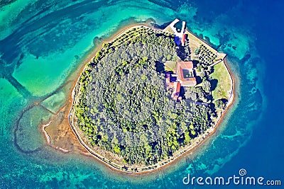 Kosljun. Adriatic island of Kosljun in Punat bay aerial view, Island of Krk Stock Photo