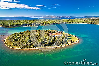 Kosljun. Adriatic monastery island of Kosljun in Punat bay aerial view Stock Photo