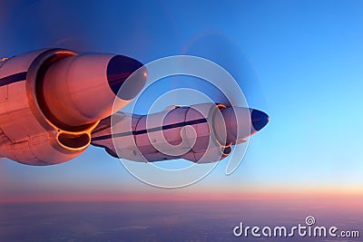 Kosmos Airlines Antonov An-12 RA-11025 wing view on AI-20 engines. Editorial Stock Photo