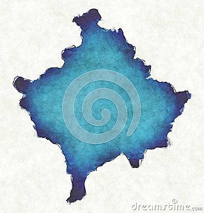 Kosovo map with drawn lines and blue watercolor illustration Stock Photo