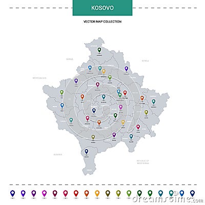 Kosovo map with location pointer marks. Vector Illustration