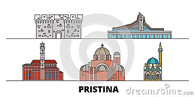 Kosovo, Pristina flat landmarks vector illustration. Kosovo, Pristina line city with famous travel sights, skyline Vector Illustration