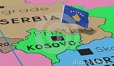 Kosovo, Pristina - national flag pinned on political map Cartoon Illustration