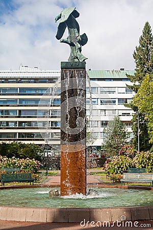 Kotka, Finland - September 27, 2018: A sculpture fountain Kotkat in Sibelius park. Short exposure photo Editorial Stock Photo