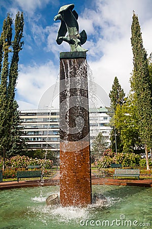 Kotka, Finland - September 27, 2018: A sculpture fountain Kotkat in Sibelius park. Short exposure photo Editorial Stock Photo