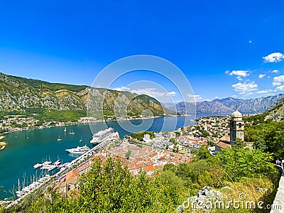 Kotor bay view with church, Kotor city, Montenegro Stock Photo