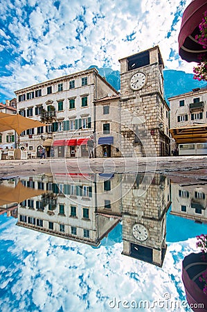 Kotor, main square with clock tower Stock Photo