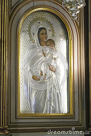 Icon of Madonna and child on the iconostasis Stock Photo