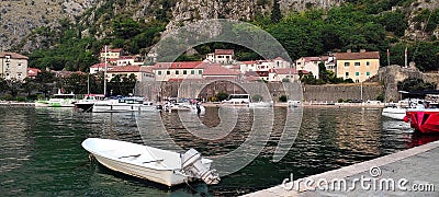 Kotor, Montenegro boats and old town view Editorial Stock Photo