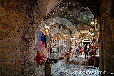 Kotor Bazar, Old souvenir shop street in Kotor, Montenegro Editorial Stock Photo