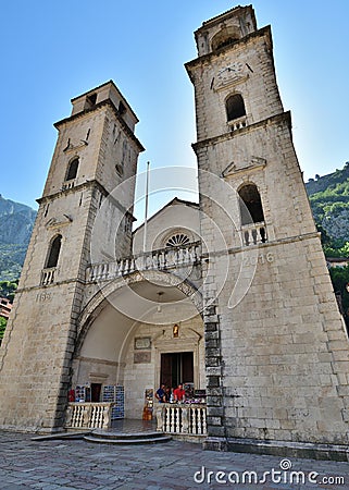 Kotor, Montenegro - June 10. 2019. Clock Tower at St. Tryphon Cathedral in Old Town Editorial Stock Photo