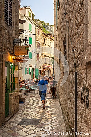 Narrow street, old town of Kotor, Montenegro Editorial Stock Photo