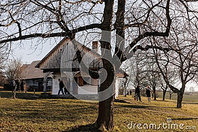 Kourim, Bohemia, Czech Republic, 17 December 2023: Traditional rural village wooden house in autumn and winter, historic country Editorial Stock Photo