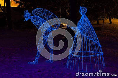Kouvola, Finland - 30 November 2019: Light figures of characters in winter park at night Editorial Stock Photo
