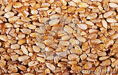 Kozinaki from golden, roasted peanuts beans as a background, texture. Macro shooting, close-up Stock Photo