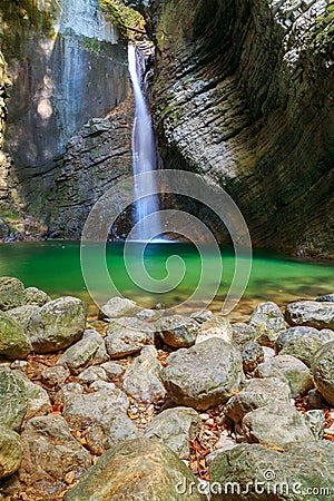 Kozjak waterfalls to the beautiful cave of Triglav National Park Stock Photo