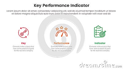 kpi key performance indicator infographic 3 point stage template with clean and simple information on horizontal direction for Stock Photo
