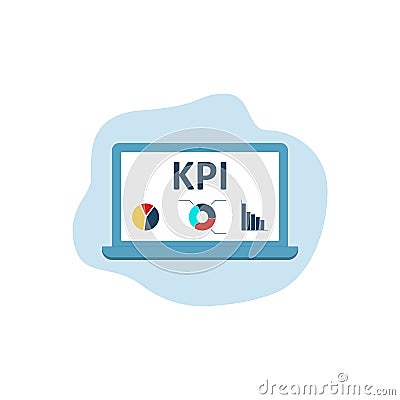 KPI, Key Performance Indicator. Laptop icon on blue background. Diagram, chart, graph icon. Vector Vector Illustration