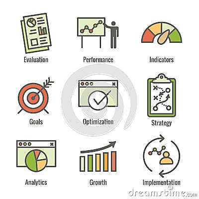 KPI - Key Performance Indicators Icon set with Evaluation, Growth, & Strategy, etc Vector Illustration