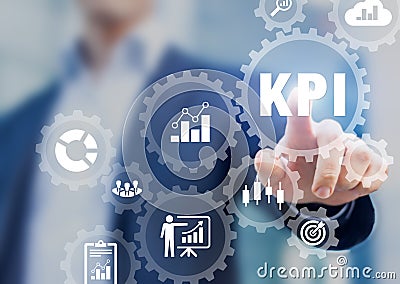 KPI Key Performance Indicators presentation, business development strategy, metrics measuring production, sales, efficiency Stock Photo