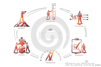 KPI - measurement, optimization, evaluation, perfomance, strategy set concept. Vector Illustration