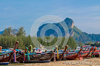 Krabi Ao Nang, Railay beach longtail boats on sand in Thailand Editorial Stock Photo