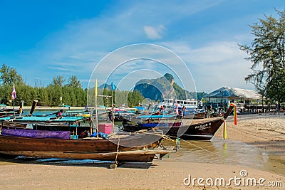 Krabi Ao Nang, Railay beach longtail boats on sand in Thailand Editorial Stock Photo