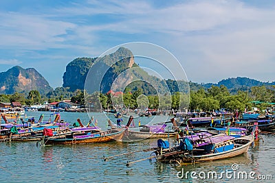 Krabi Ao Nang, Railay beach longtail boats on sand in Thailand Editorial Stock Photo