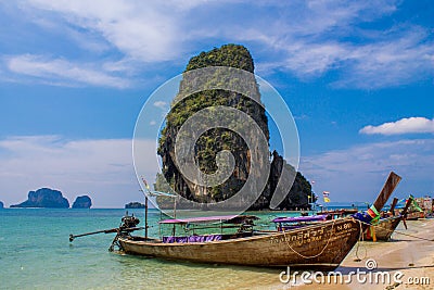 Krabi Ao Nang, Railay beach longtail boats on sand in Thailand Editorial Stock Photo