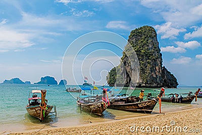 Krabi Ao Nang, Railay beach longtail boats on sand in Thailand Editorial Stock Photo