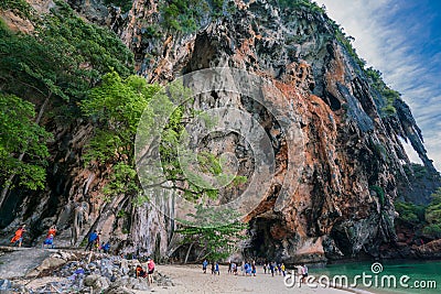 Krabi 28 Nov 2020 : Phranang cave beach with tourist Editorial Stock Photo