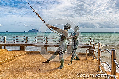 Krabi province of Thailand July 2018. Fisherman statue part of the sculpture dedicated to catching marlin Editorial Stock Photo