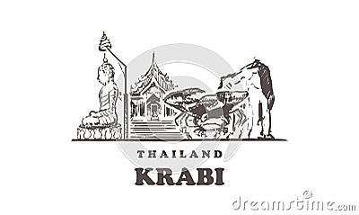 Krabi sketch skyline. Thailand, Krabi hand drawn vector illustration Cartoon Illustration