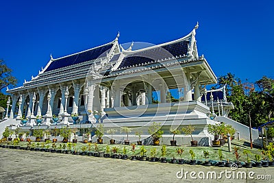 KRABI, THAILAND - FEBRUARY 19, 2018: Beautiful outdoor view of white temple, Wat Kaew Korawaram. This temple is a Editorial Stock Photo