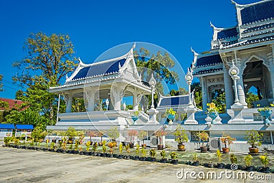 KRABI, THAILAND - FEBRUARY 19, 2018: Beautiful outdoor view of white temple, Wat Kaew Korawaram. This temple is a Editorial Stock Photo