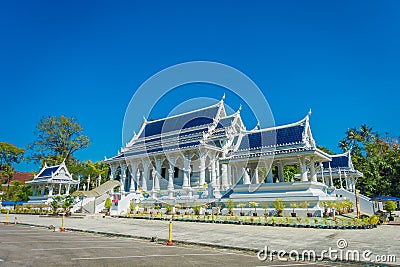 KRABI, THAILAND - FEBRUARY 19, 2018: Beautiful outdoor view of white temple, Wat Kaew Korawaram. This temple is a Editorial Stock Photo