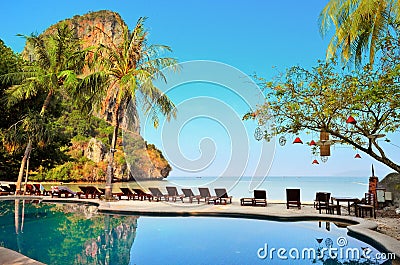 KRABI, THAILAND - MARCH 21: Sunshine view from resort pool on Railay Beach March 21, 2015 Krabi Editorial Stock Photo