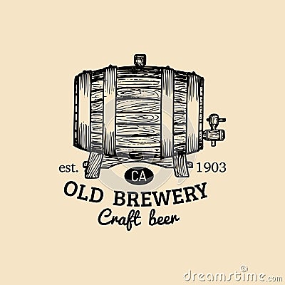Kraft beer barrel logo. Old brewery icon. Hand sketched keg illustration. Vector vintage lager, ale label or badge. Vector Illustration