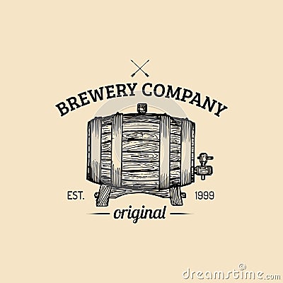 Kraft beer barrel logo.Vector vintage homebrewing label. Sketched lager,ale keg illustration for restaurant,bar,pub menu Vector Illustration