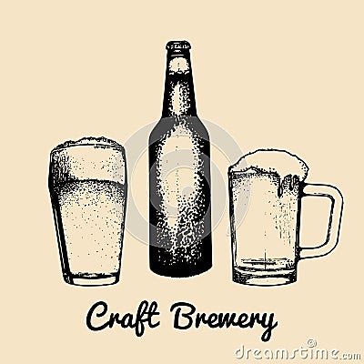 Kraft beer bottle and glasses illustration. Vector old brewery image. Retro ale, lager icon with hand sketched two mugs. Vector Illustration