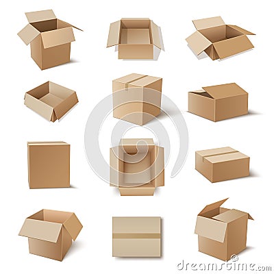 Kraft cardboard boxes for storage products, household goods. Carton packaging, shipping containers. Vector Illustration