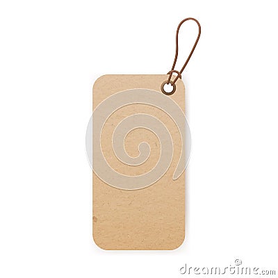 Kraft cardboard label on string, thread. Craft paper carton tag hanging on twine, cord with loop. Blank rectangle brown Vector Illustration